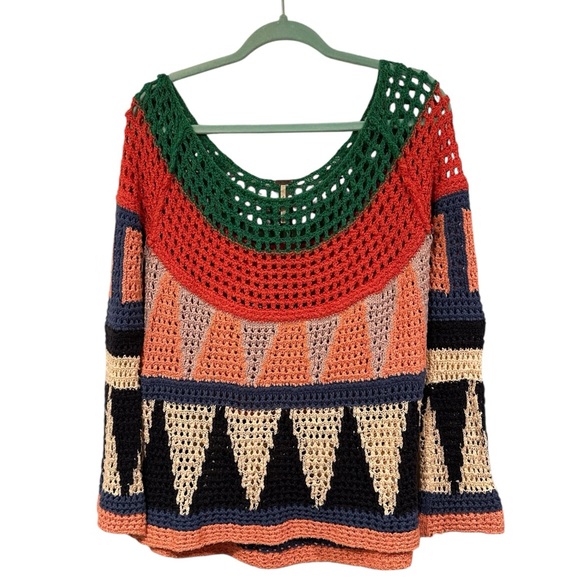 Free People Crochet Colorblock Open-Knit Sweater in Green, Red, Peach, Black - Picture 6 of 8